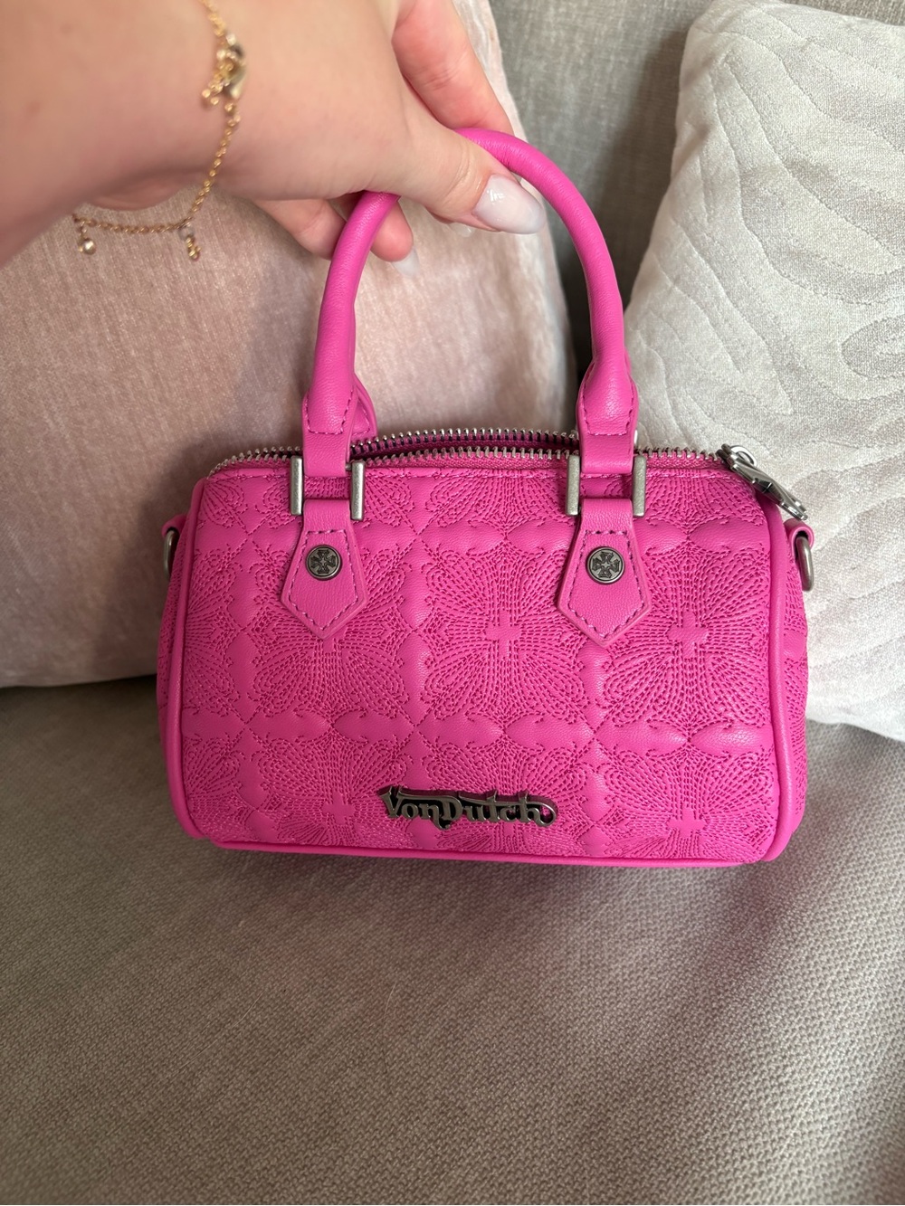 Von Dutch Hot Pink Embossed Mini Satchel Bag